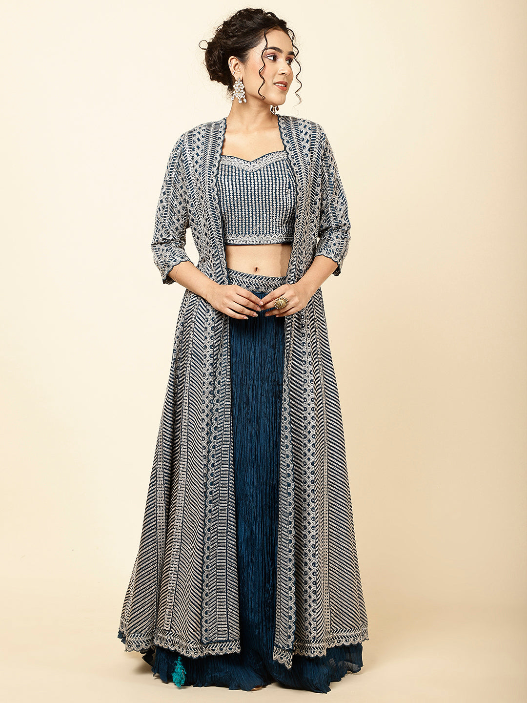 Sequin Embroidered Crepe Choli With Lehenga &amp; Jacket
