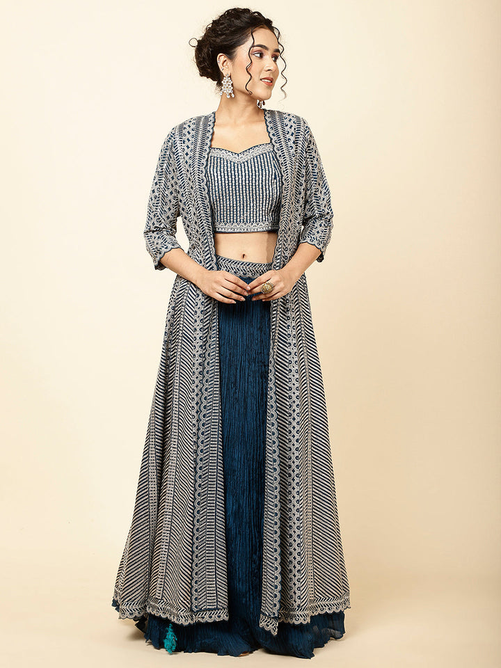 Sequin Embroidered Crepe Choli With Lehenga &amp; Jacket