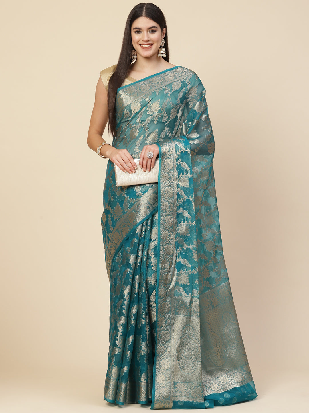 Floral Zari Jaal Organza Woven Saree
