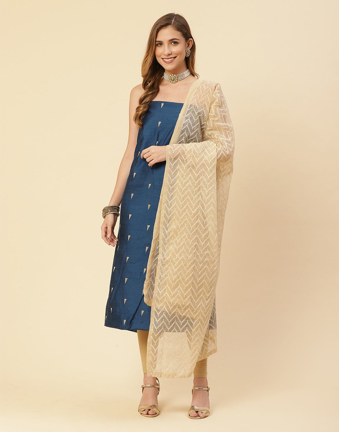Embroidered Chanderi Suit Piece With Kota Dupatta