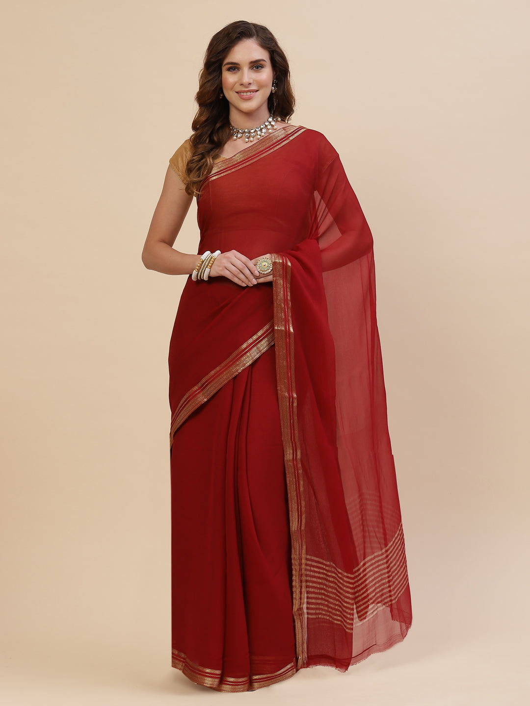 Plain Piping Chiffon Saree