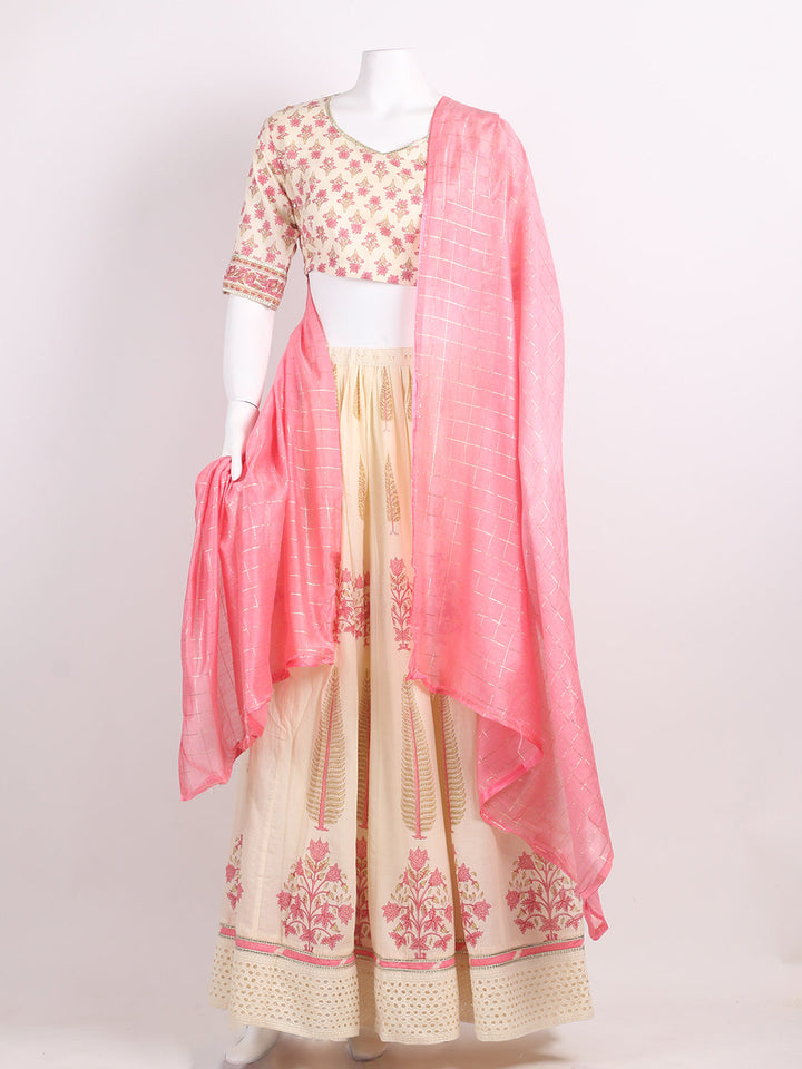 Floral Printed Cotton Choli With Lehenga &amp; Dupatta