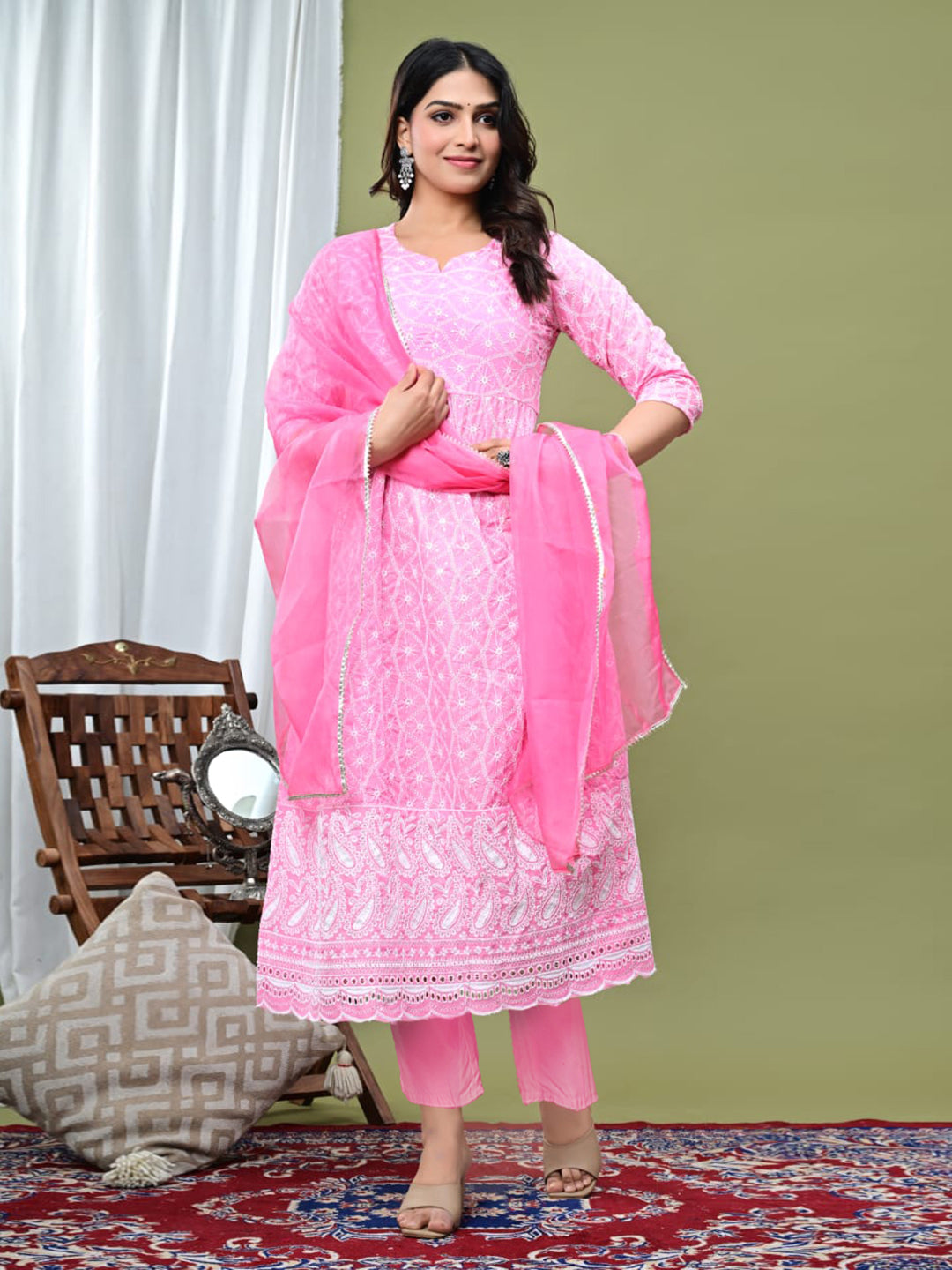 Embroidered Cotton Blend Kurta With Pant &amp; Dupatta