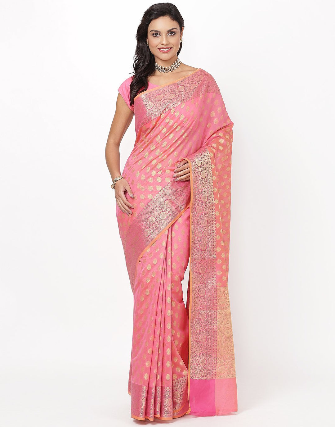 MBZ Meena Bazaar-Pink Cotton Woven Saree