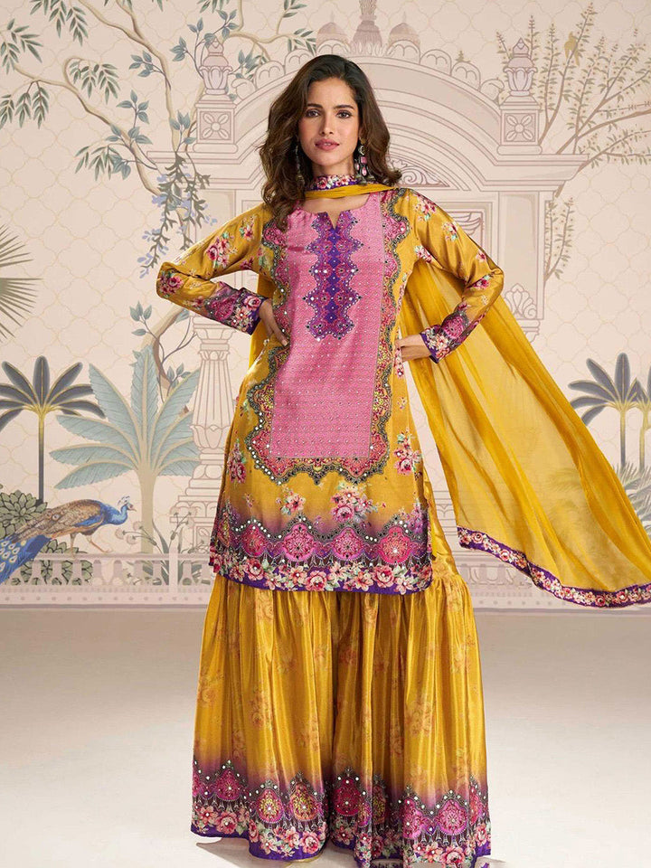 Embroidered Crepe Kurti With Plazzo &amp; Dupatta