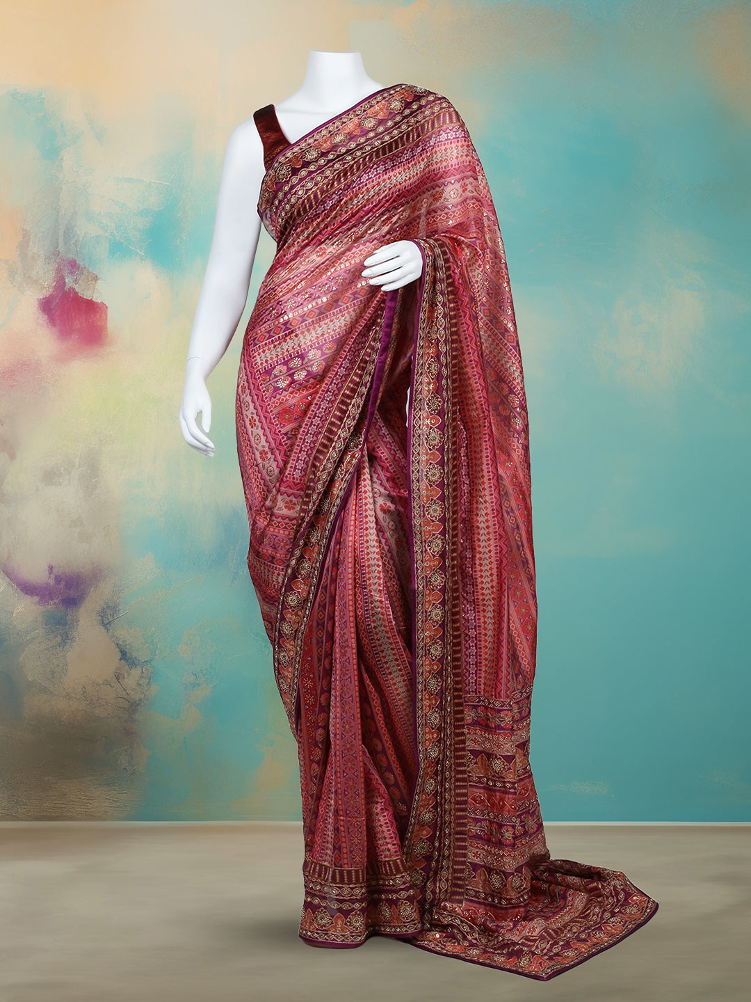 Printed &amp; Embellished Organza Saree