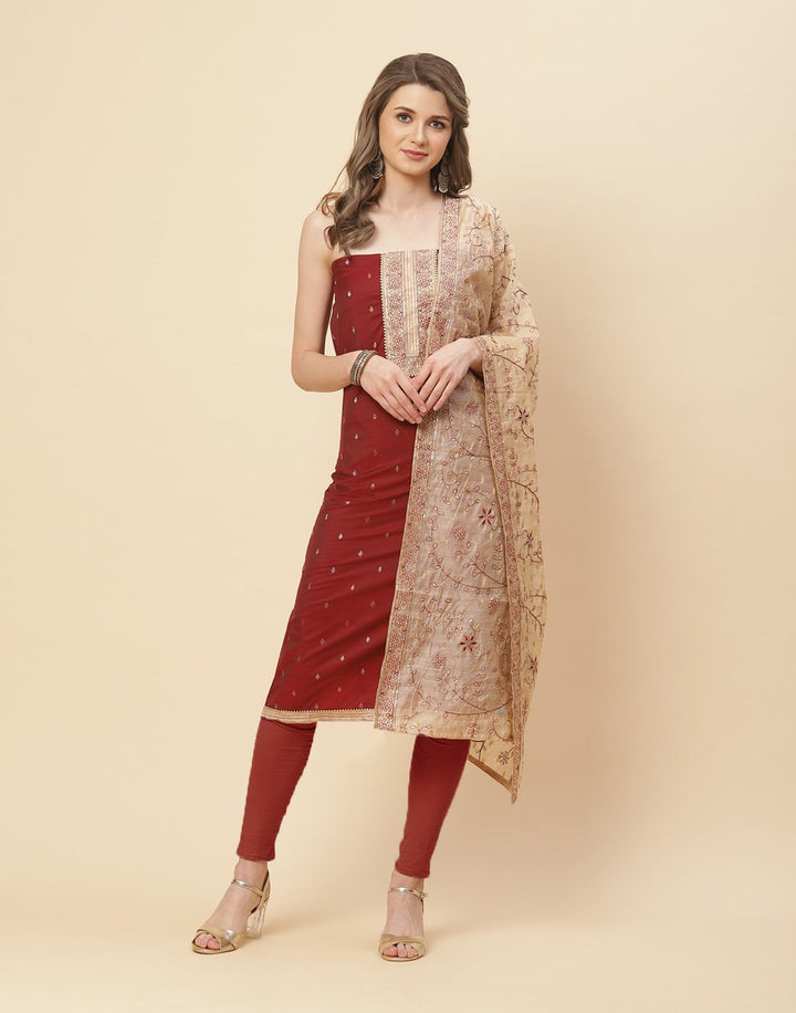 Embroidered Cotton Suit Piece With Embroidered Chanderi Dupatta