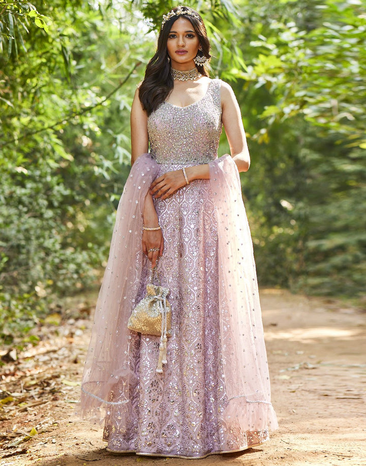 MBZ Meena Bazaar-Onion Pink Georgette Anarkali Salwar Kameez