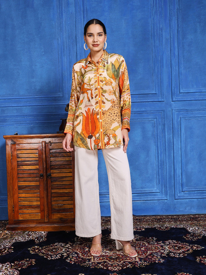Beige Multicolor Crepe Printed Band Collar Kurti