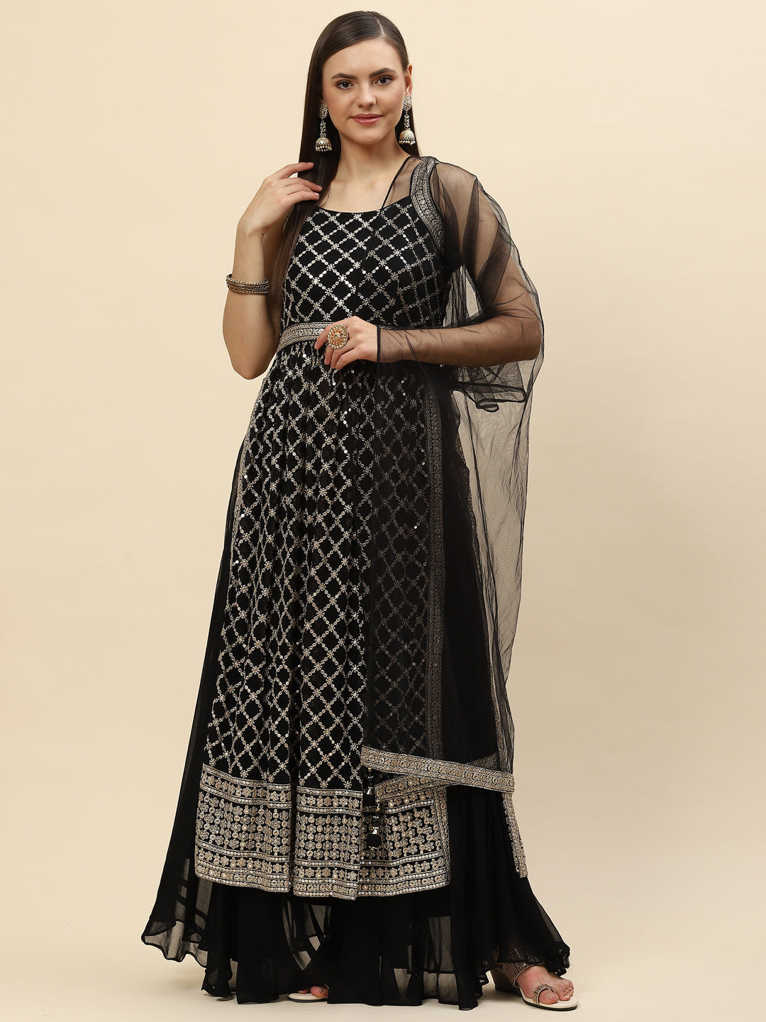 Zari Jaal Embroidered Georgette Kurta With Palazzo & Dupatta