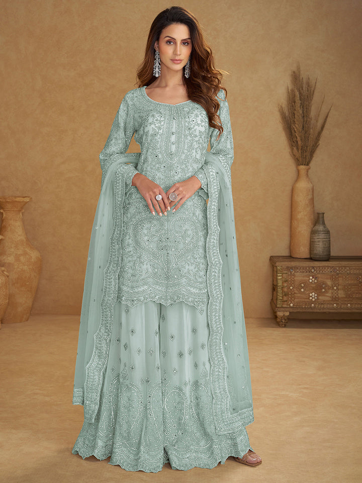 Embroidered Net Kurta With Plazzo &amp; Dupatta