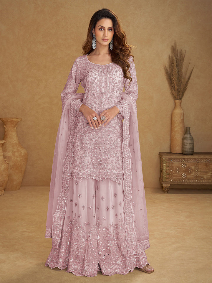 Embroidered Net Kurta With Plazzo &amp; Dupatta