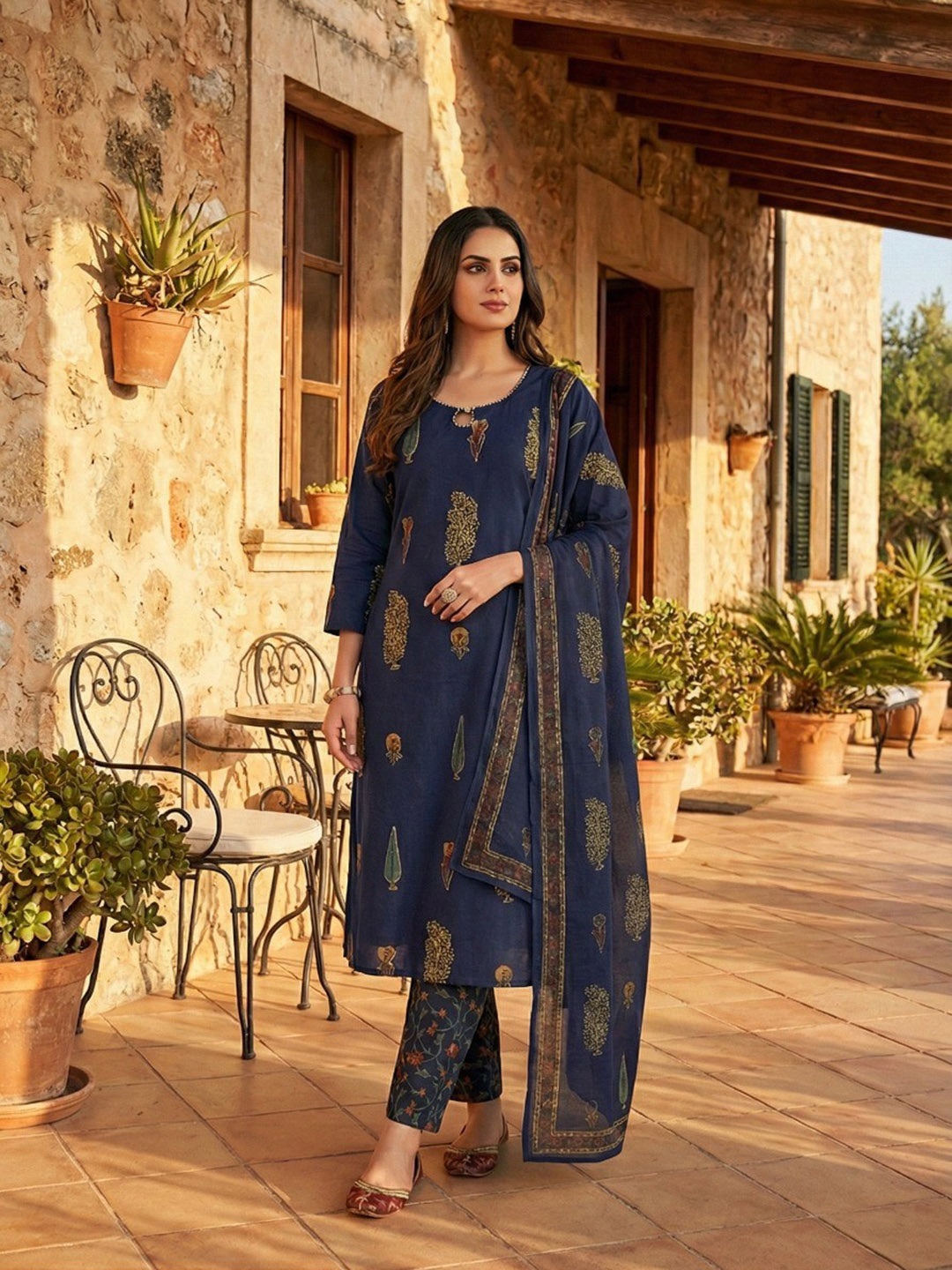 Printed Cotton Blend Kurta With Pant &amp; Dupatta