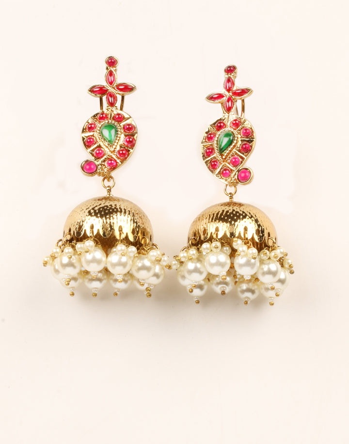 Golden Pearl And Stone Earring