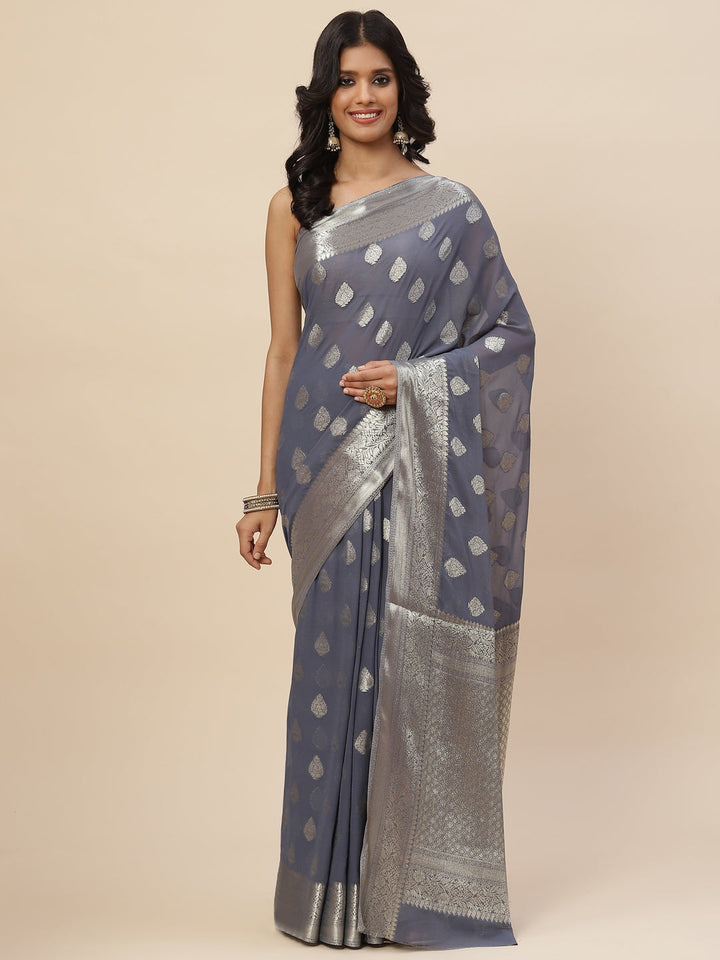 Zari Booti Chiffon Plain Saree