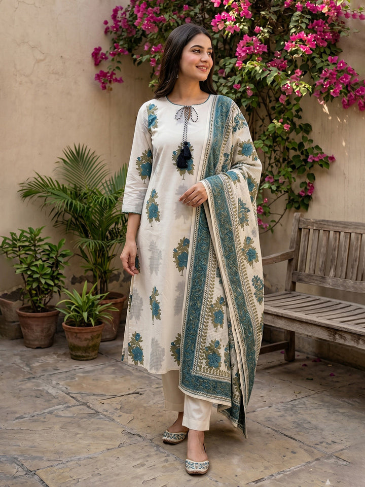 Teal Blue Embroidered Cotton Blend Straight V Neck Suit Set