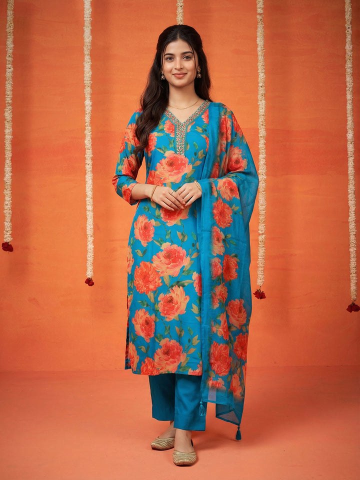 Printed Cotton Blend Kurta With Pant &amp; Dupatta