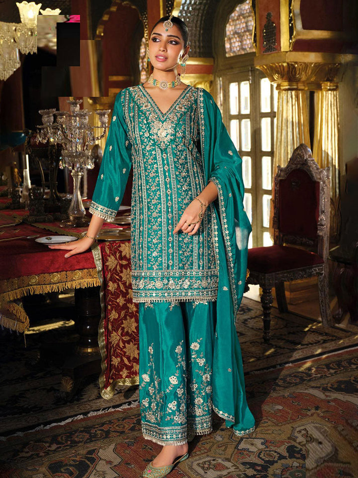 Embroidered Chinon Kurta With Plazzo &amp; Dupatta