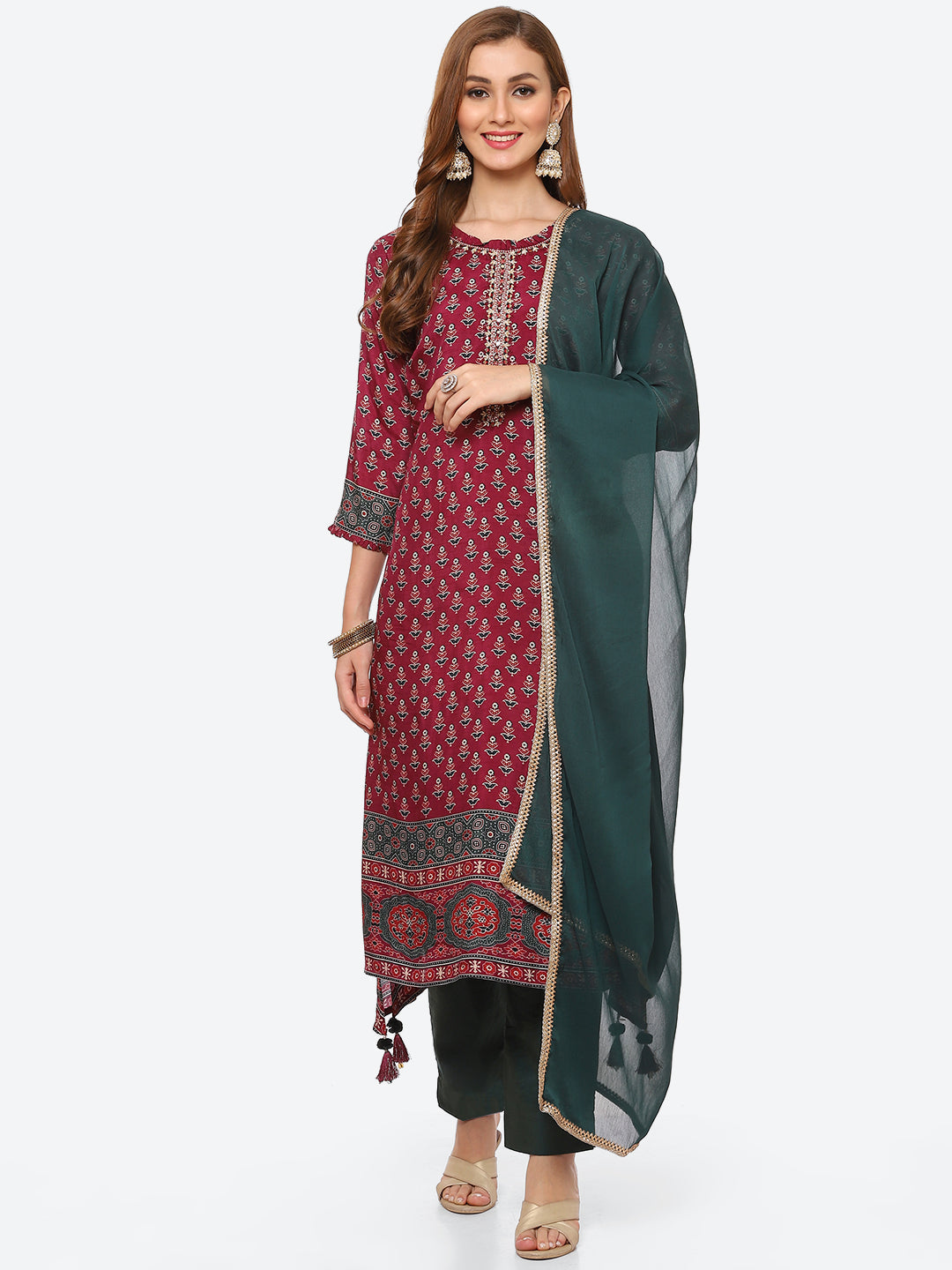 Printed Booti Cotton Kurta With Pant &amp; Chiffon Dupatta