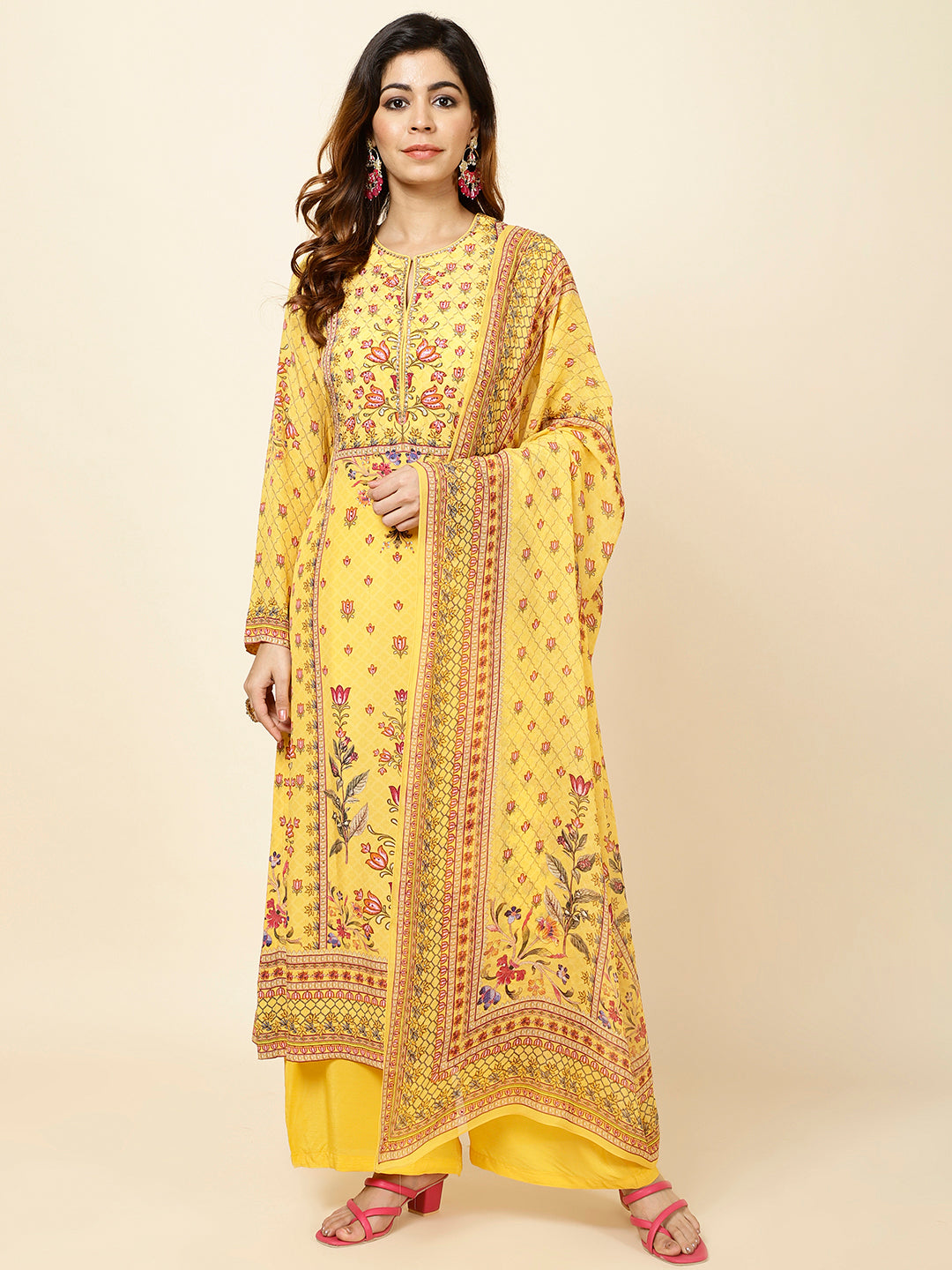 Digital Floral Printed Crepe Kurta With Palazzo &amp; Dupatta
