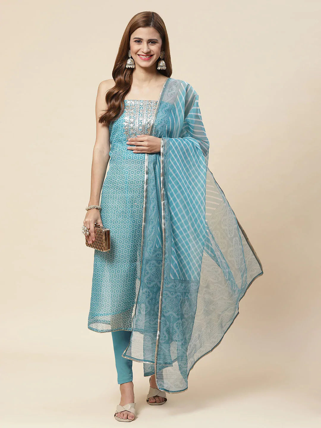 Bandhani Printed Organza Unstitched Suit Piece With Dupatta