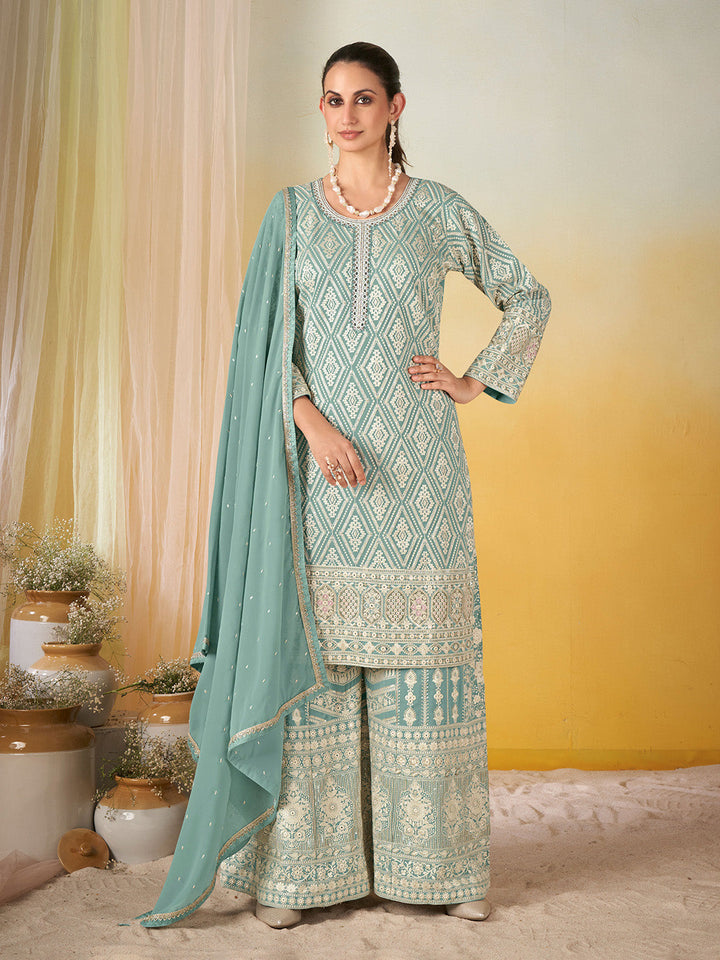 Embroidered Geogrette Kurta With Plazzo &amp; Dupatta