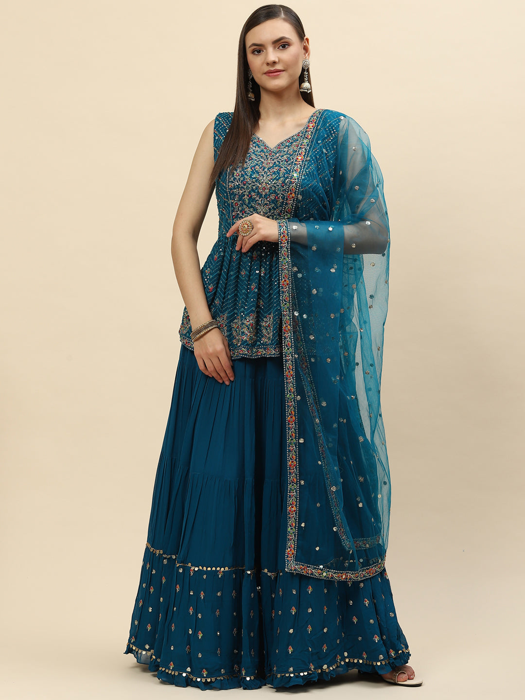 Sequin Embroidered Georgette Peplum Choli With Lehenga &amp; Dupatta