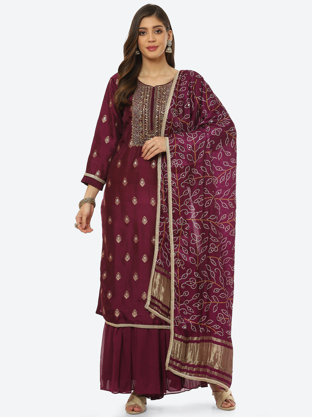 Zari Booti Neck Zari Embroidered Handloom Kurta With Palazzo &amp; Dupatta