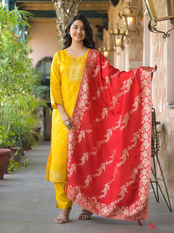 Embroidered Cotton Kurta With Pant &amp; Dupatta