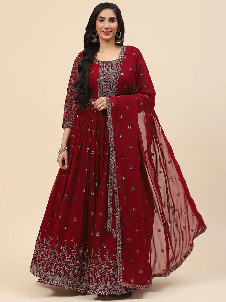 Resham Embroidered Georgette Kurta With Churidar &amp; Dupatta