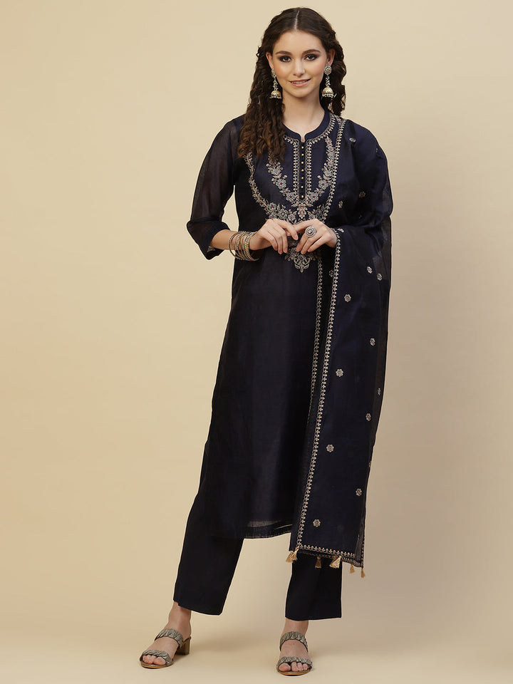 Resham Neck Embroidered Chanderi Kurta With Pants &amp; Dupatta