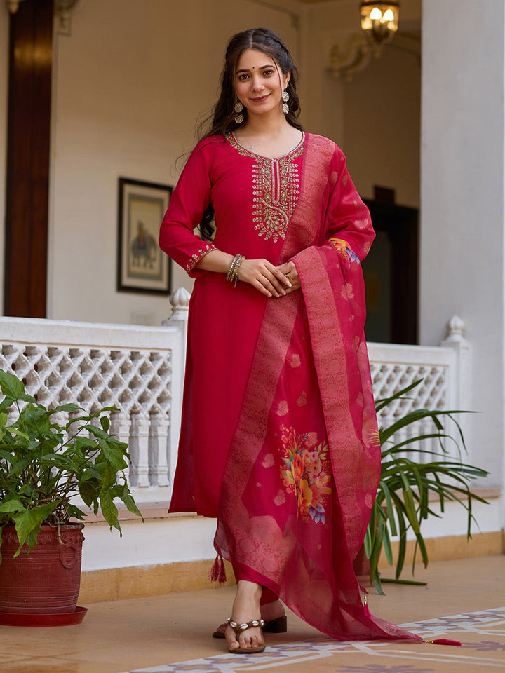 Neck Zari Embroidered Cotton Blend Kurta With Pants &amp; Dupatta