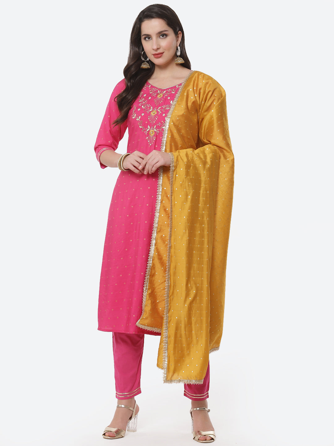 Embroidered Cotton Kurti With Pant And Dupatta