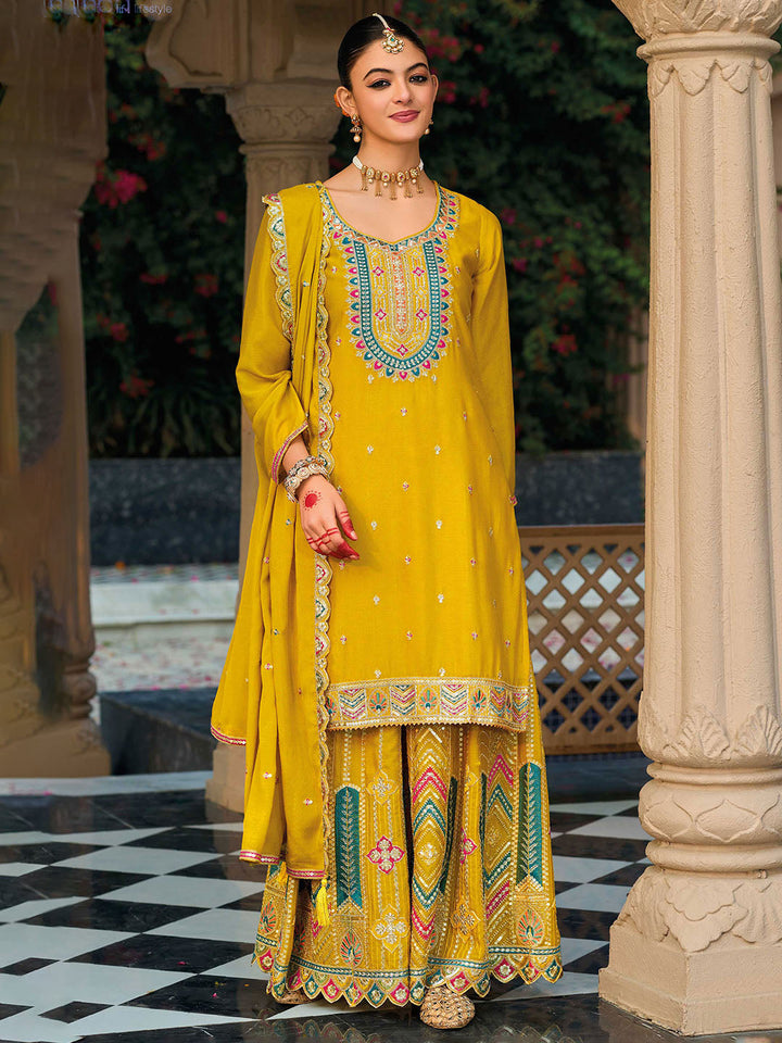 Embroidered Chinon Kurti With Plazzo &amp; Dupatta