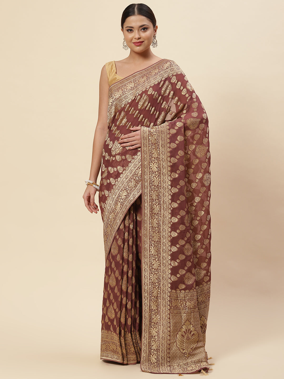 Zari Border Booti Georgette Plain Saree