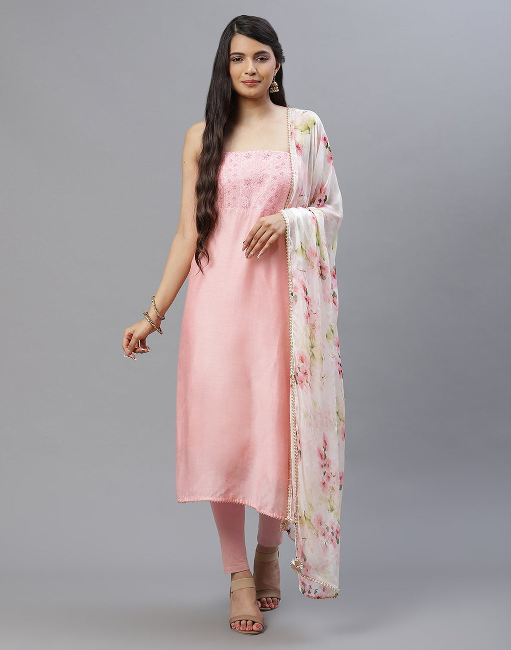 Embroidered Chanderi Suit Piece With Printed Chiffon Dupatta