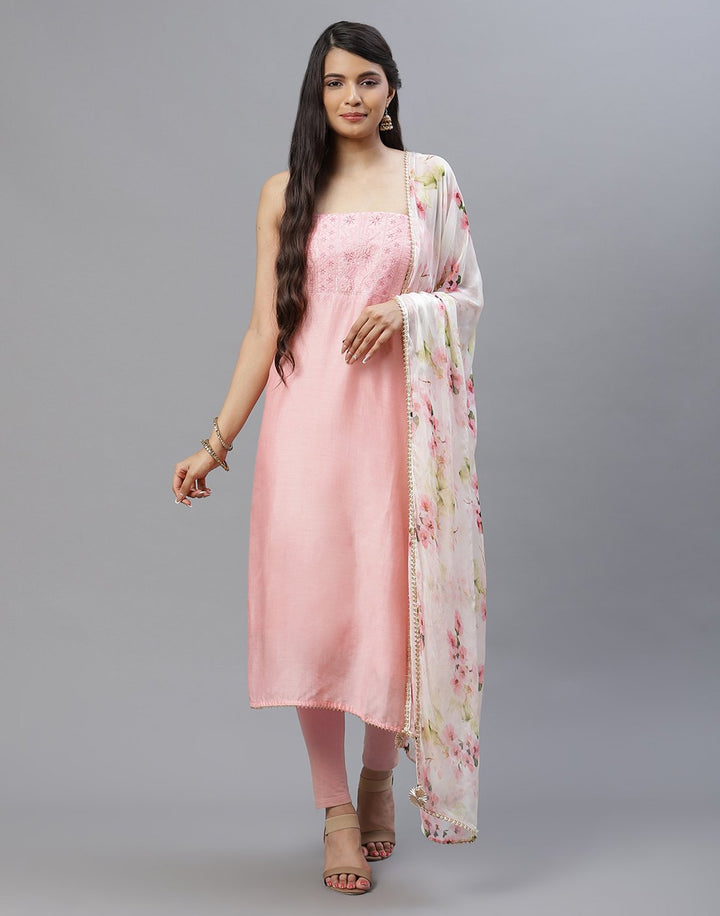 Embroidered Chanderi Suit Piece With Printed Chiffon Dupatta