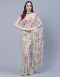 Digital Floral Printed Crepe Saree with Silver Zari Embroidery