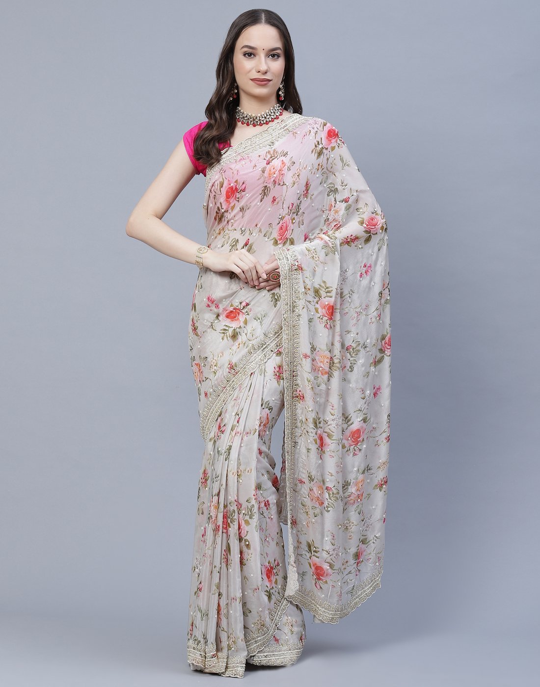 Digital Floral Printed Crepe Saree with Silver Zari Embroidery