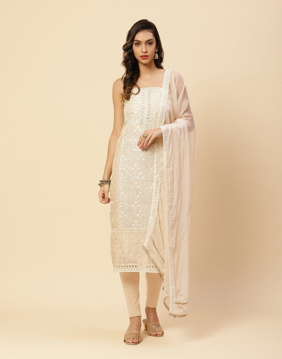 Embroidered Cotton Tissue Suit Piece with Net Dupatta