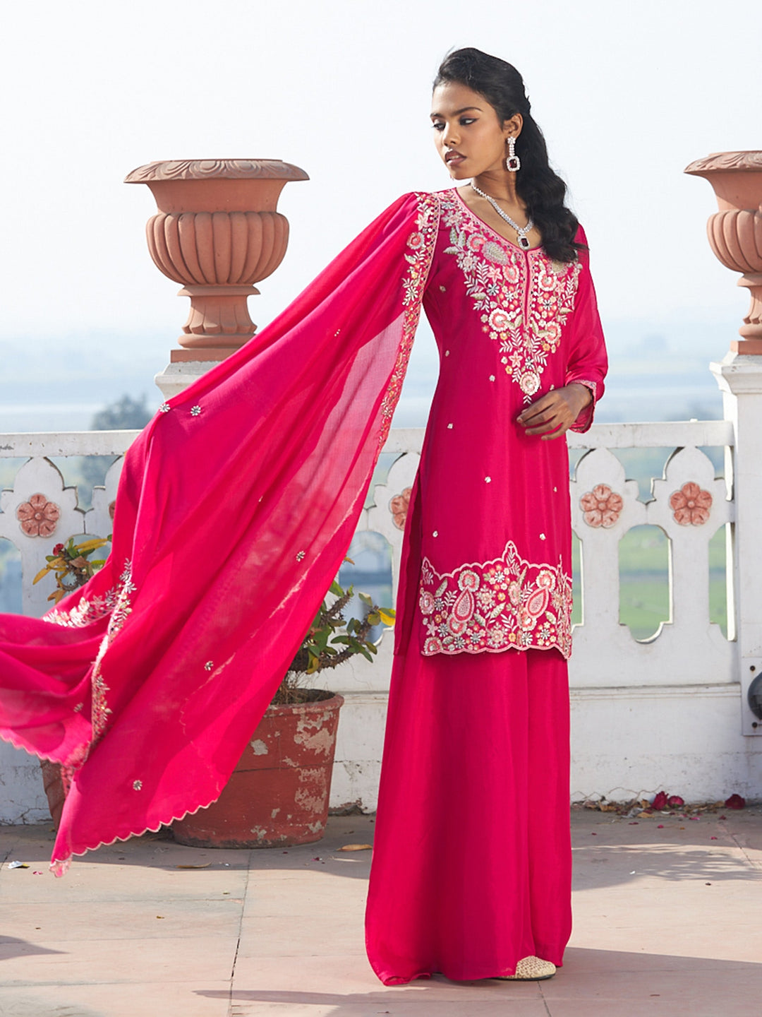 Rani Embroidered Chinon Kurta Palazzo with Dupatta