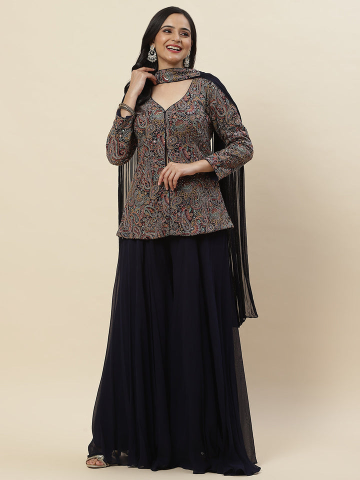 Embroidered Georgette Jacket Style Top With Palazzo &amp; dupatta