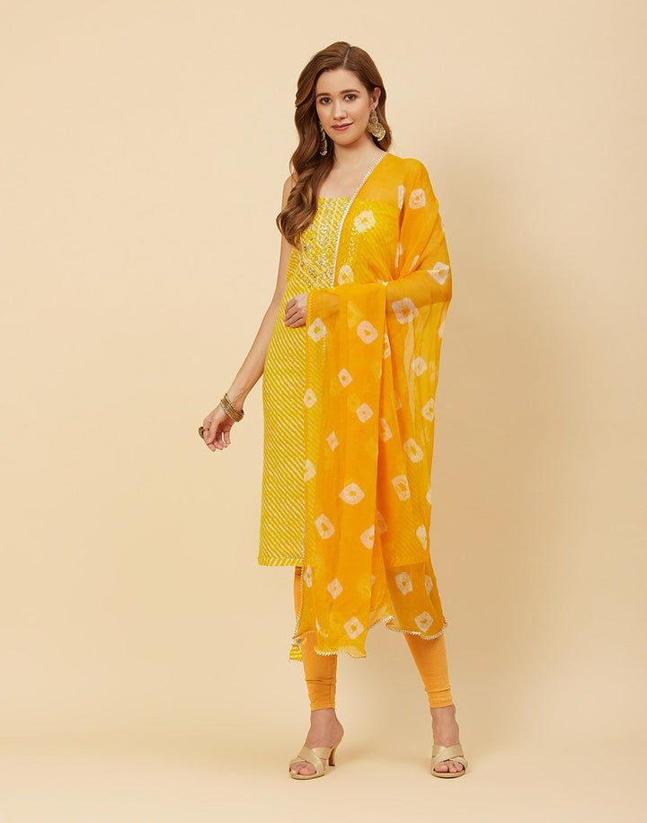 Embroidered Cotton Suit Piece With Chiffon Dupatta