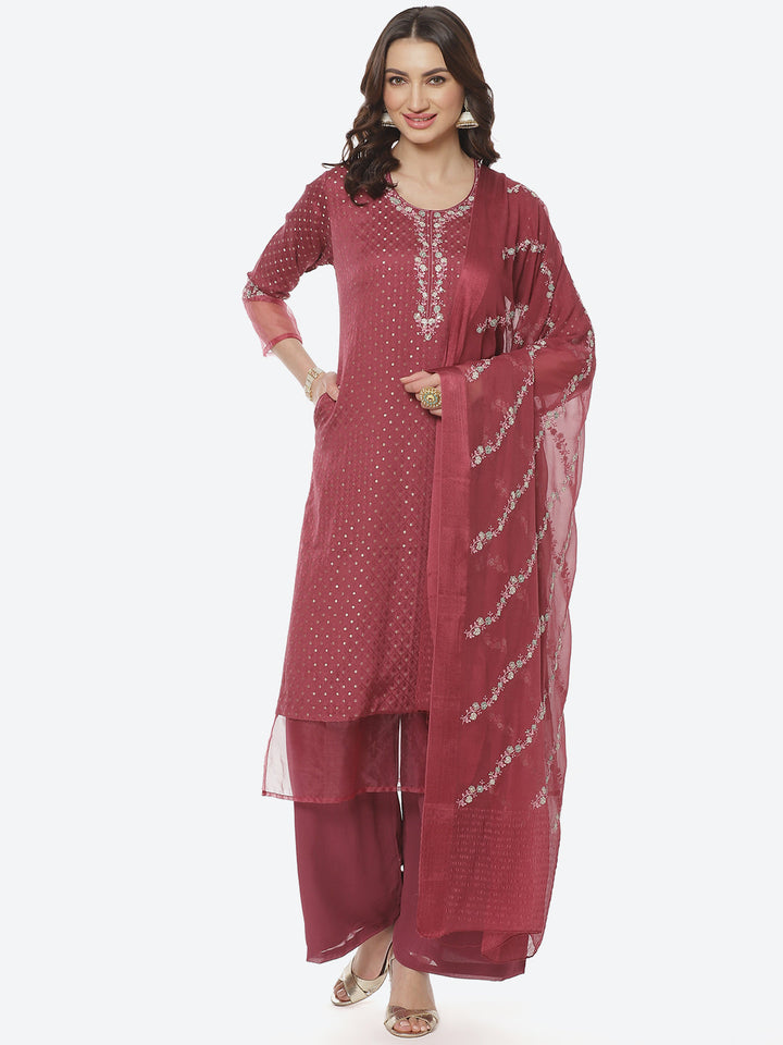 Resham Booti Neck Work Crepe Georgette Stitched Salwar Kameez With Embroidered Dupatta