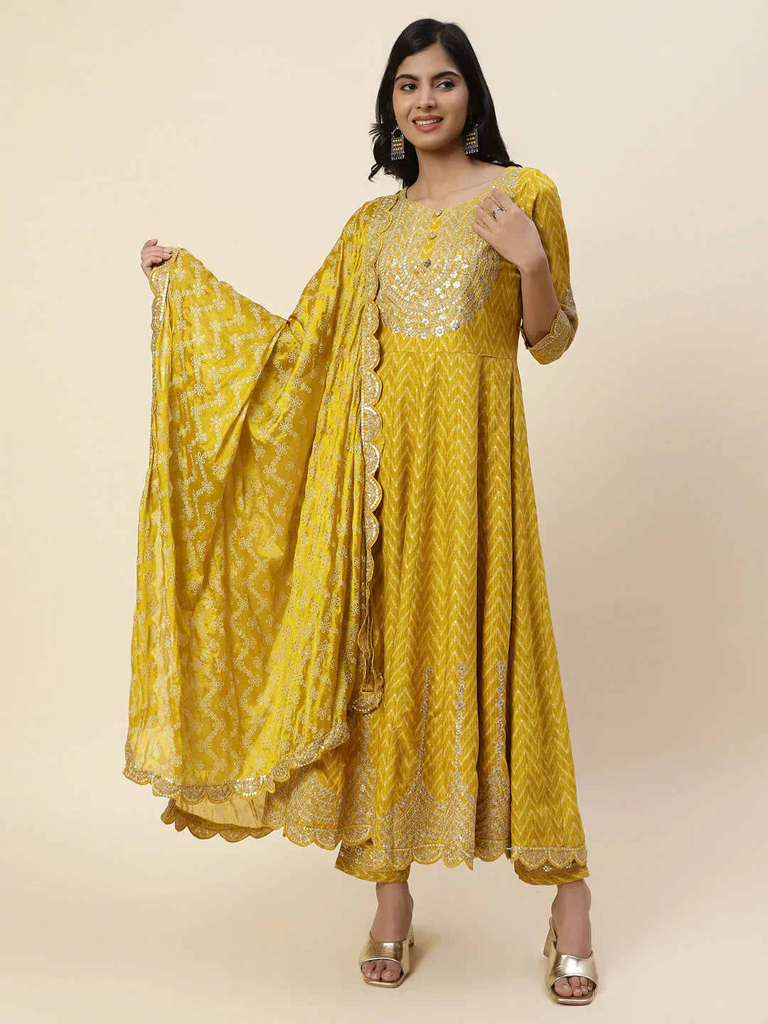 Neck Embroidered Cotton Kurta With Pants &amp; Dupatta