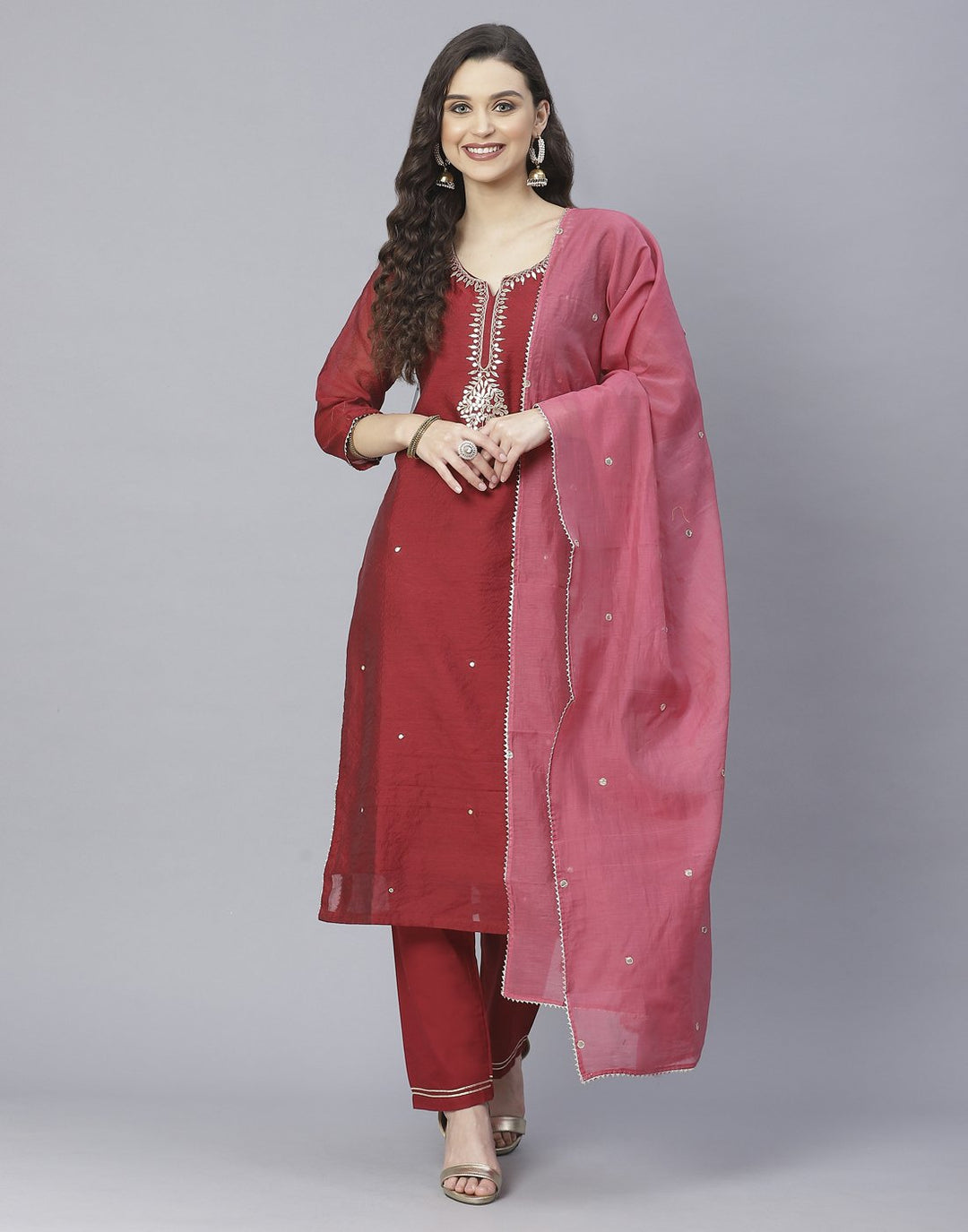Lake Blue and Maroon Cotton Chanderi Salwar Kameez