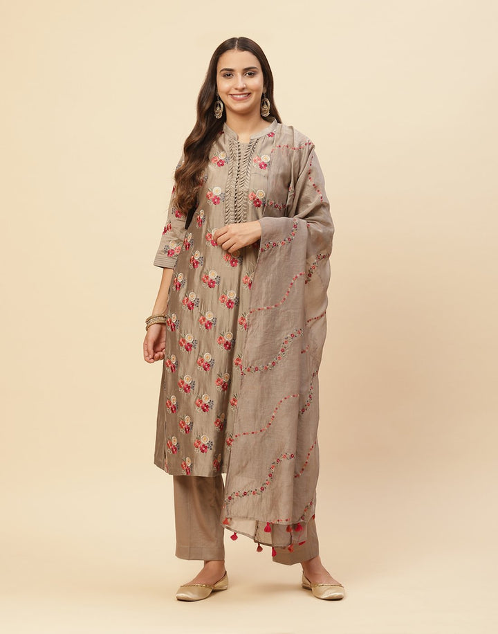 Resham Booti Embroidered Cotton Chanderi Stitched Salwar Kameez With Chanderi Dupatta