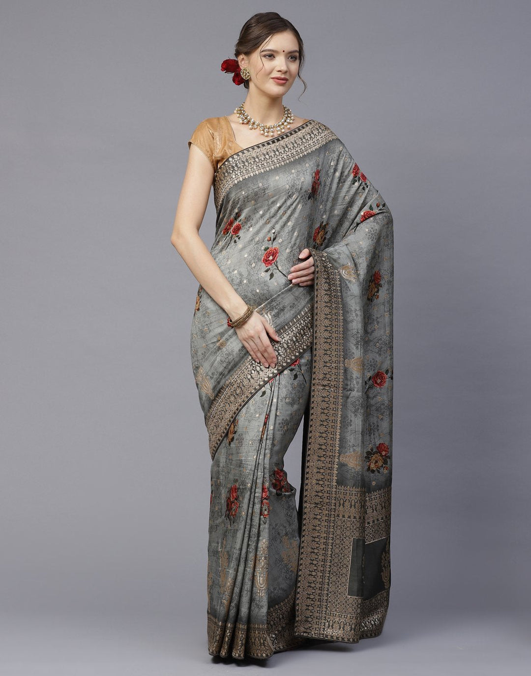 Digital Floral Printed Saree With Gota Patti Border
