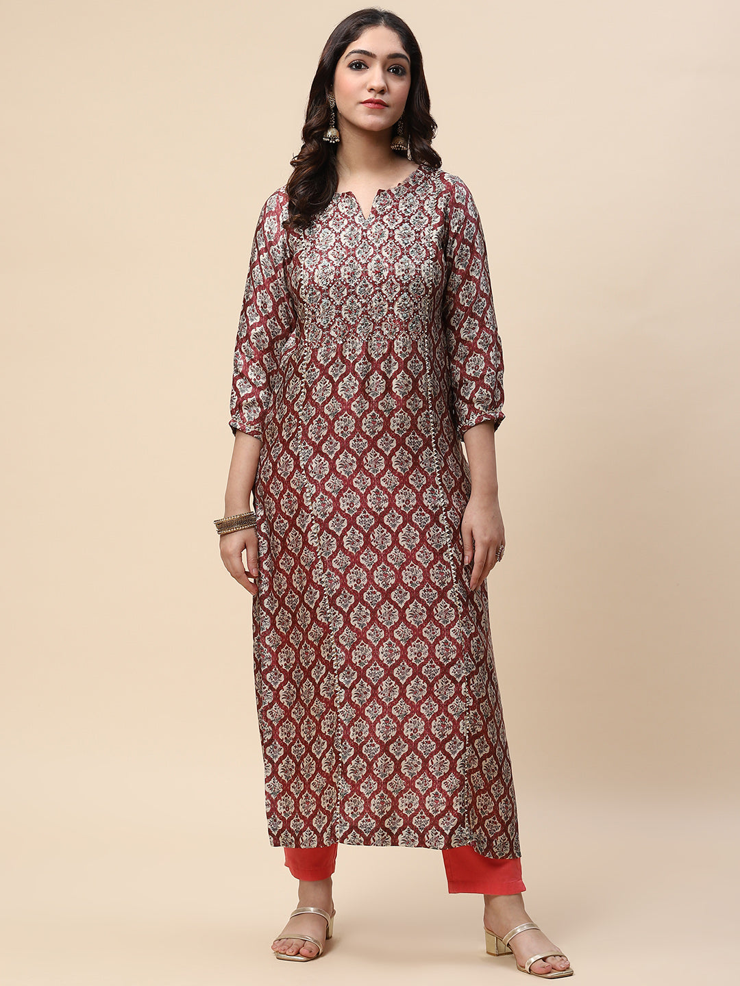 Zari Neck Embroidered &amp; Printed Satin Kurta
