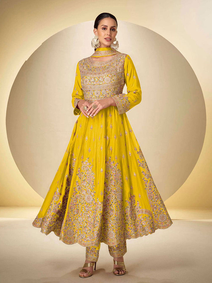 Embroidered Chinnon Suit With Pant &amp; Dupatta